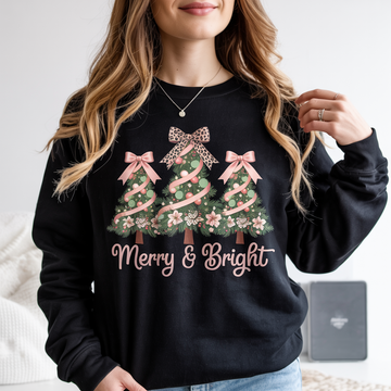 Merry & Bright Christmas Sweatshirt – Cute Pink Bow Holiday Sweater 2025