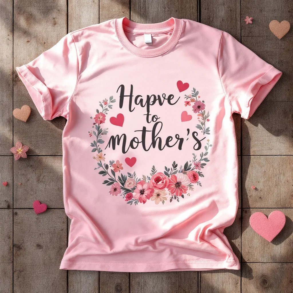 Hapve To Mother’s Floral Wreath T-Shirt – Pink Heart & Flower Graphic Tee